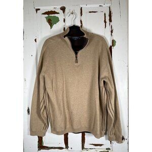 Hathaway Men Size L Tan 1/4 Zip Cotton Pullover Sweater Contrast Brown Topstitch
